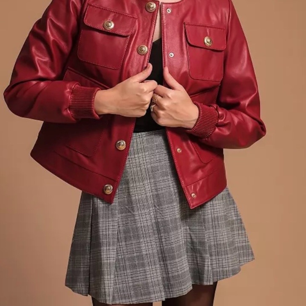 Women's Red Leather Jacket - Furniq UK